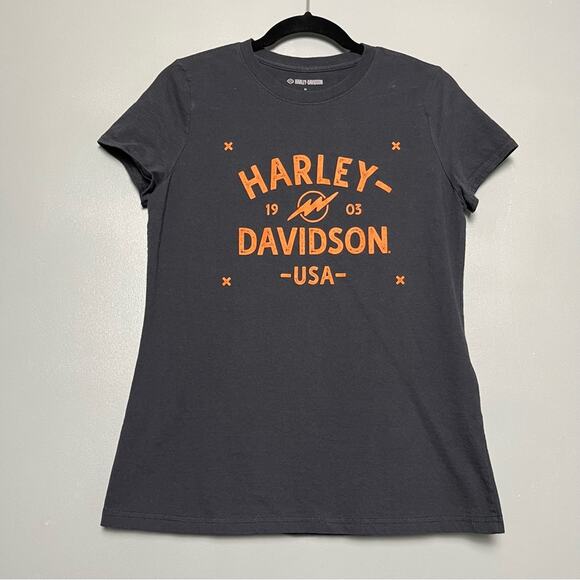 Harley-Davidson Women’s Fitted Spell Out T Shirt Faded Black Orange Size M - Picture 1 of 8